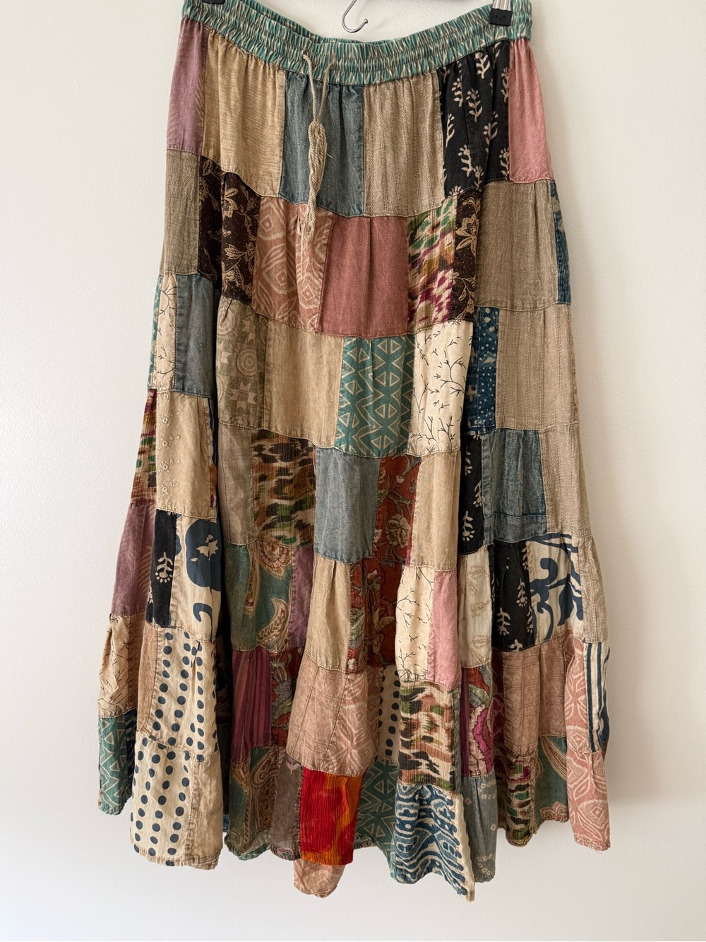 Sacred Threads Multi-Panel Patchwork Maxi Skirt in Teal, Pink, Beige